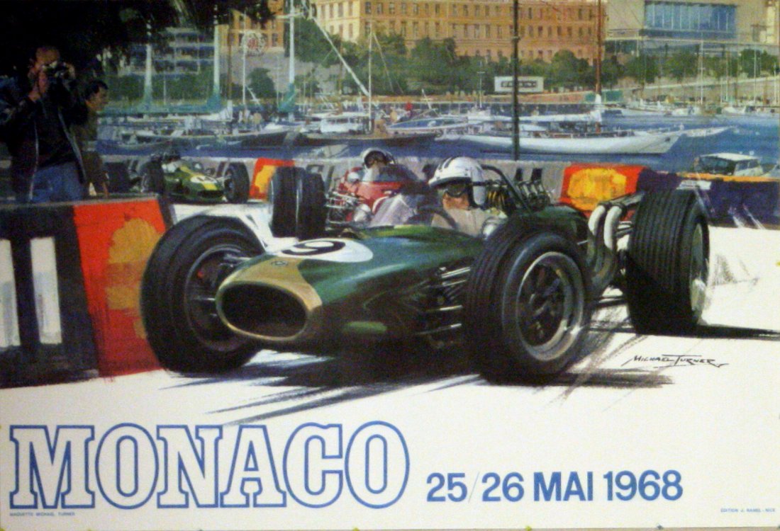 Sport Poster Monaco Grand Prix Formula 1: Sport Poster Monaco Grand Prix Formula 1 Vintage poster for the Monaco Grand Prix Formula One, 25/26 May 1968. Dynamic image of racing cars speeding by Shell advertising boards with a photographer cat
