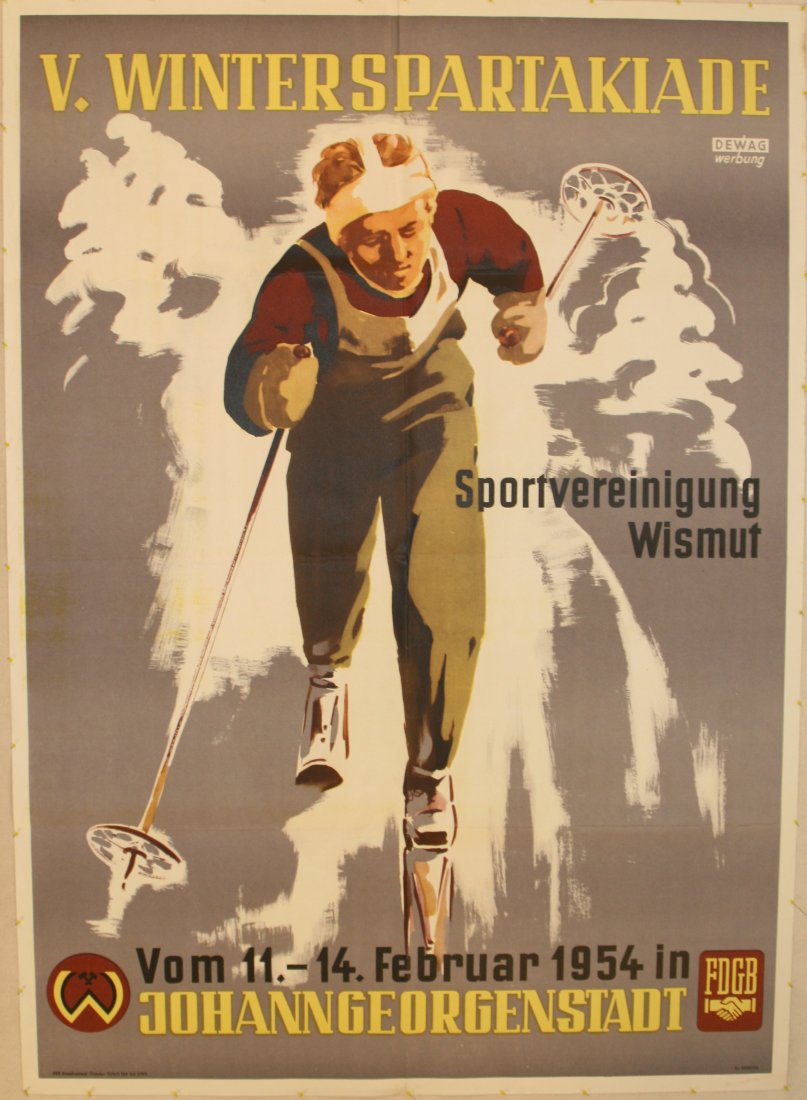 Sport Poster V Winter Spartakiade: Sport Poster V Winter Spartakiade Original vintage poster for the V Winter Spartakiade, Wismut on 11-14 February 1954 in Johanngeorgenstadt. Design Dewag Werbung. Dynamic image of a cross-country skie