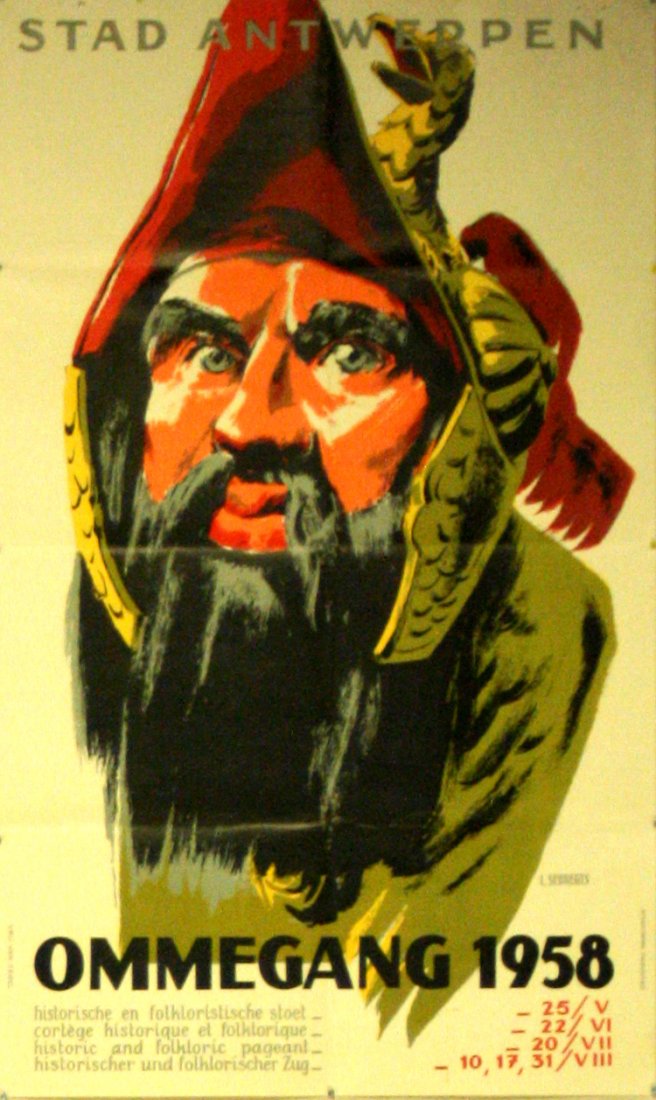 Travel Poster Antwerp Pageant: Travel Poster Antwerp Pageant Original vintage travel advertising poster: Antwerpen, Ommegang (traditional medieval pageant), Historic and Folkloric Pageant, 25 May - 22 June, 20 July, 10, 17, 31 Augu