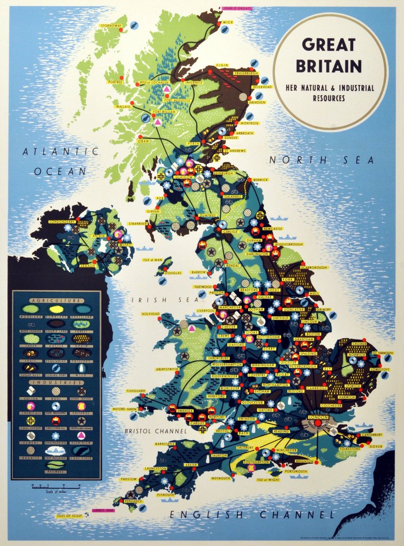 Travel Poster Great Britain - her natural and: Travel Poster Great Britain - her natural and industrial resources Original vintage infographic map poster for Great Britain showing her natural and industrial resources. Colourful poster with images,
