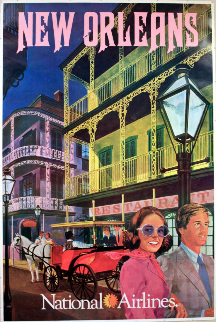 Travel Poster National Airlines - New Orleans: Travel Poster National Airlines - New Orleans Original vintage travel advertising poster for National Airlines, New Orleans. Bright and colourful image of a man with a lady wearing fashionable sunglas