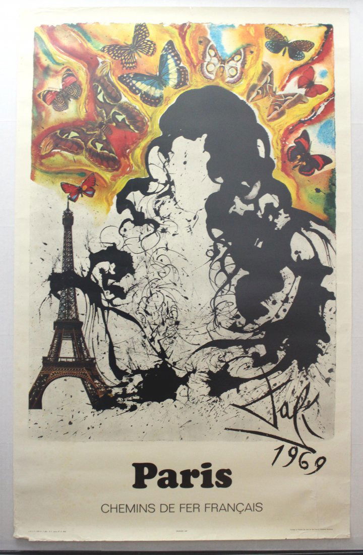 Paris SNCF Salvador Dali Travel poster: Paris SNCF Salvador Dali. Fair condition, tears and bumps on margins, light foxing. France, 1970, designed by Salvador Dali, 1970, 99x62cm.