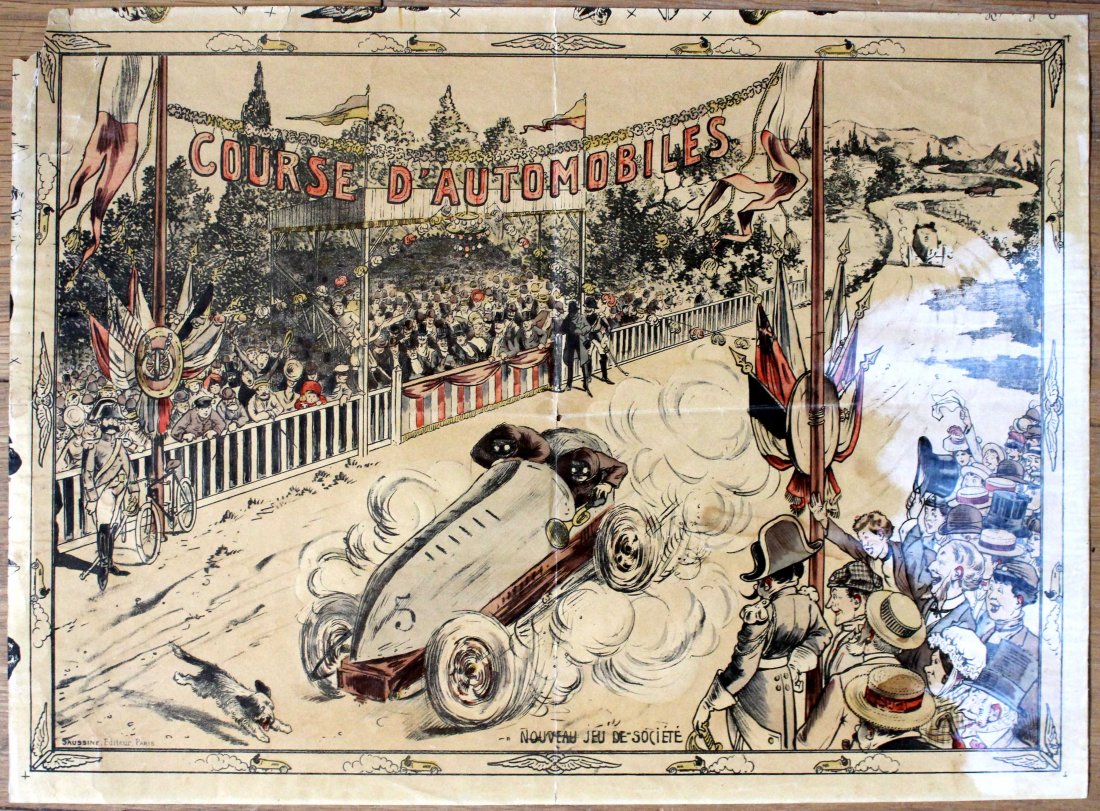Car racing early poster France Sport poster: Car racing early poster France. Folds and tears, minor losses, varnished. France, 1900s, designed by Sassine editeur, 1900s, 33.5x46cm.