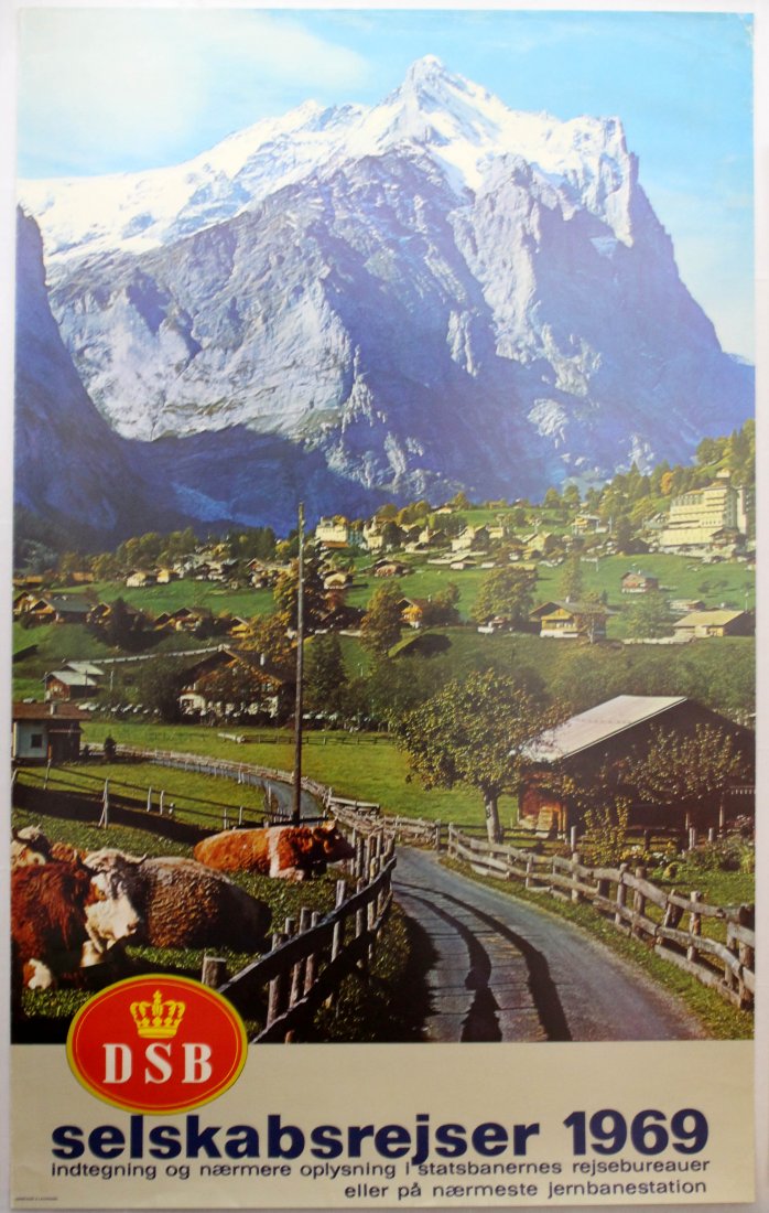 To Mountains by DSB Travel poster: To Mountains by DSB. Danish railways poster. Good condition, folds and bumps on margins.. Denmark, 1969, designed by Uknown, 1969, 99.5x62cm.