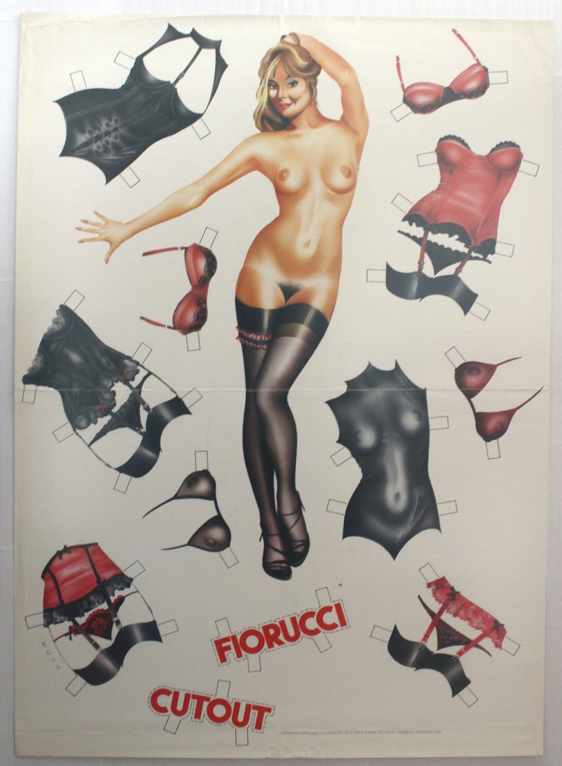 Fiorucci Lingerie Underwear Garter Advertising Poster: Fiorucci Lingerie Underwear Garter. Fiorucci cutout, picture of a naked lady with different lingerie garments that could be used to cover her. Printed by Eric Schmilt designs Ltd. Good condition, fold