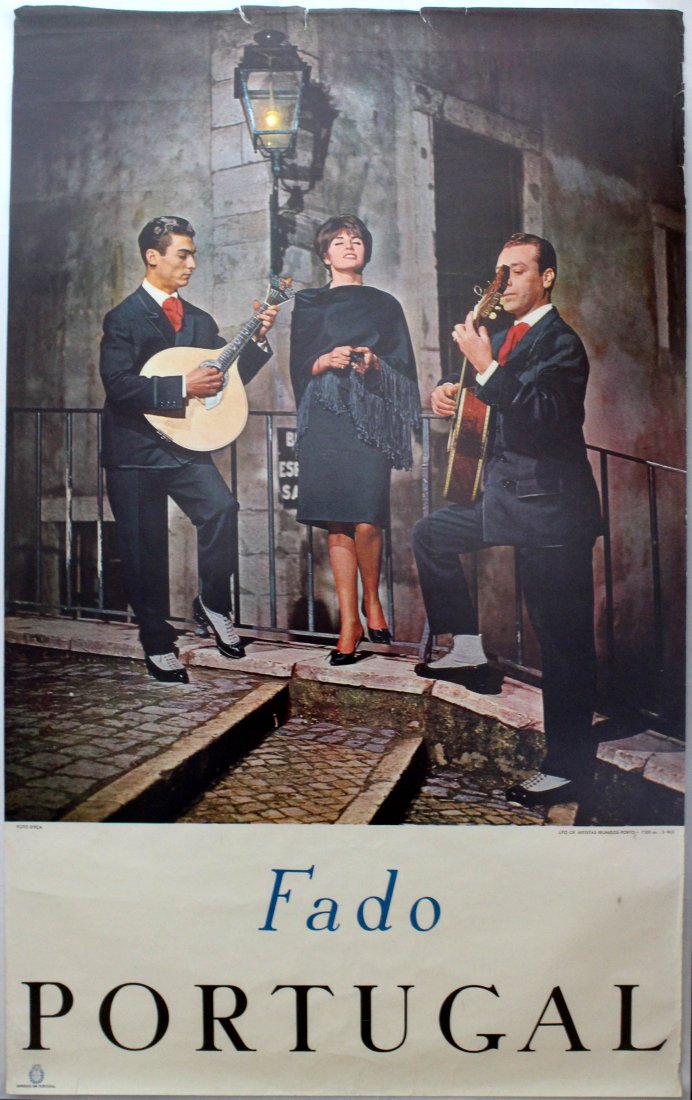 Fado singing in Portugal Travel Poster: Fado singing in Portugal. Good condition, tears and bumps on margin. Portugal, 1963, designed by Uknown, 1963, 100x61.5cm.