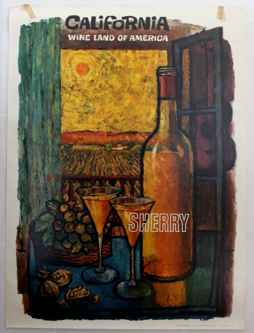 California Sherry Wine Advertising poster: California Sherry Wine. Original vintage poster California - Wine Land of America. Good condition, tape marks, tears and bumps on margins.. USA, 1950s, designed by Amado Gonzales, 1950s, 72x53.5cm.