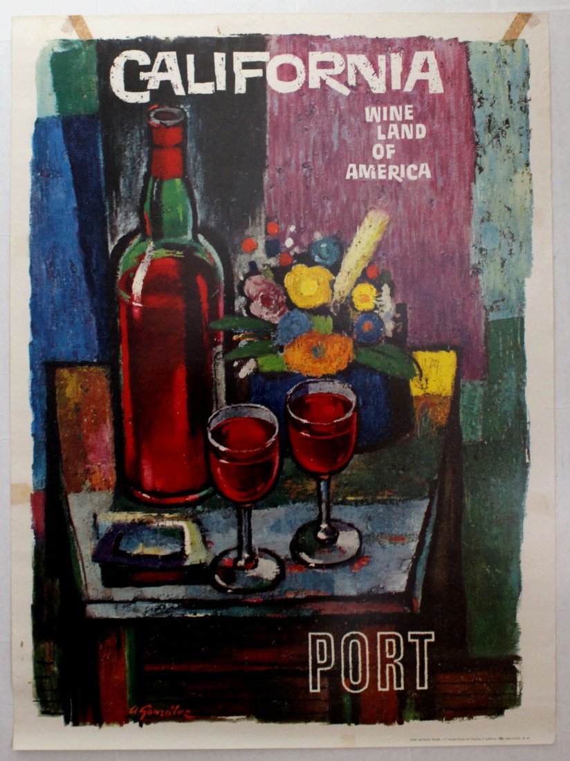 California Port Wine Advertising poster: California Port Wine. Original vintage poster California - Wine Land of America. Good condition, tape marks.. USA, 1950s, designed by Amado Gonzales, 1950s, 72x53.5cm.