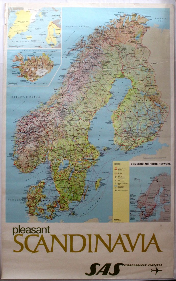 SAS Route Map Travel poster: SAS Route Map. Original vintage poster. tears and bumps on margins, small losses.. Sweden, 1965, designed by Uknown, 1965, 99.5x62cm.