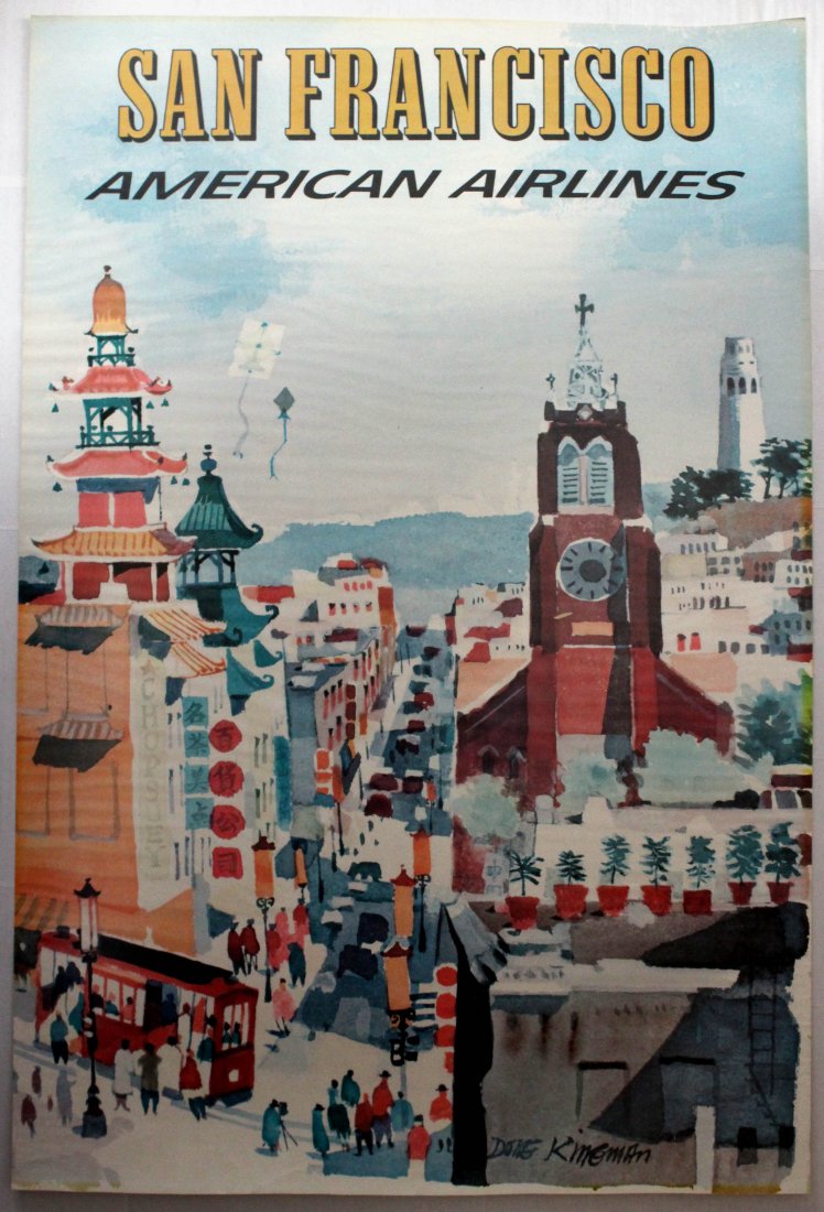 San Francisco American Airlines Travel poster: San Francisco American Airlines. Original vintage poster. Good condition, fading, apeear to have been trimmed. USA, 1970s, designed by Dong Kingman, 1970s, 94x63.5cm.