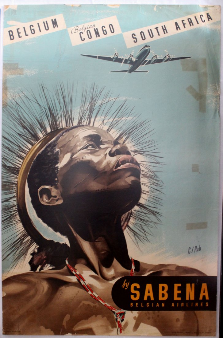 Sabena Airline Belgium Congo South Africa Travel poster: Sabena Airline Belgium Congo South Africa. Original vintage poster. Constellation Airplane. Fair condition, tape marks, minor loss, tears, folds. . Belgium, 1950s, designed by C Pub, 1950s, 99.5x65cm.