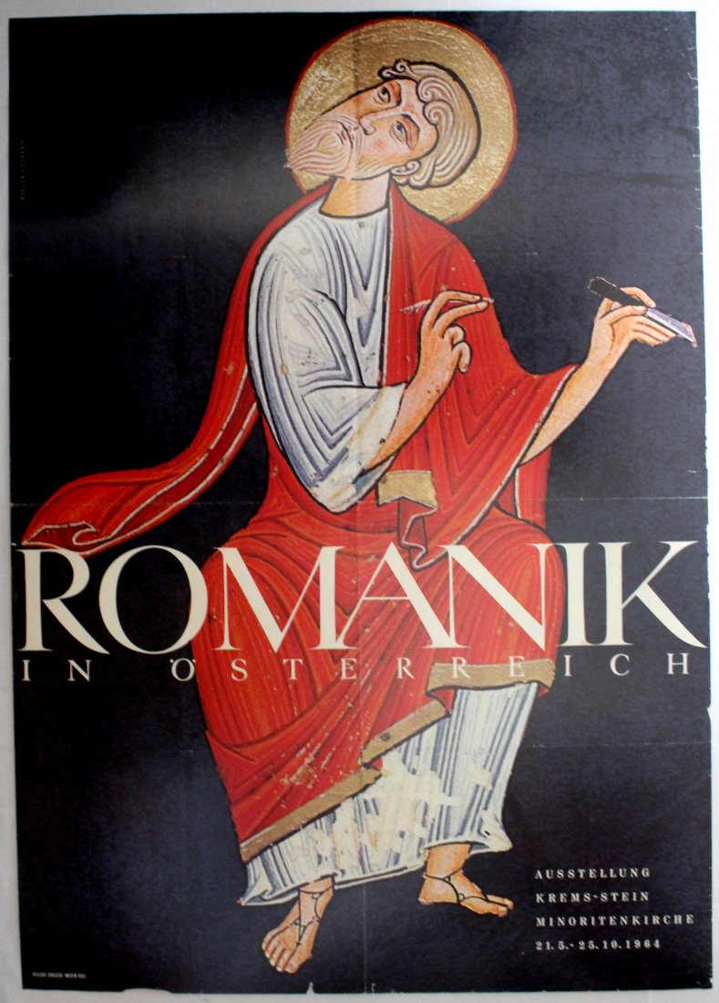 Roman Art in Austria Advertising poster: Roman Art in Austria. Original vintage poster. Exhibition Romans in Austria, mosaics, art. Good condition, folded, tears, minor loss on margins.. Austia, 1964, designed by Uknown, 1964, 119x84cm.