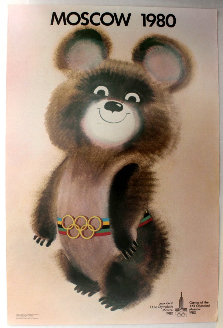 Moscow Olympics Mascot Misha Bear 1980 Sport poster: Moscow Olympics Mascot Misha Bear 1980. Original vintage poster. Issued in Canada by Fones & Mann Inc, Montreal. Fones and Mann Inc. of Canada was a licensee of the organising committee in the poster