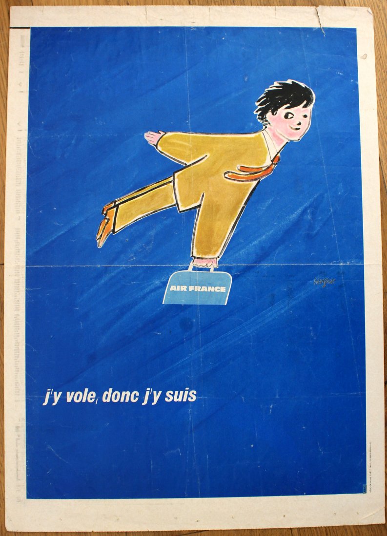 Air France Airline Savignac Advertising poster: Air France Airline Savignac. Original vintage poster. Appears to be a poster that was either stored between pages or inserted into newspapers. The reverse side is blank but there is a bit of transfer 