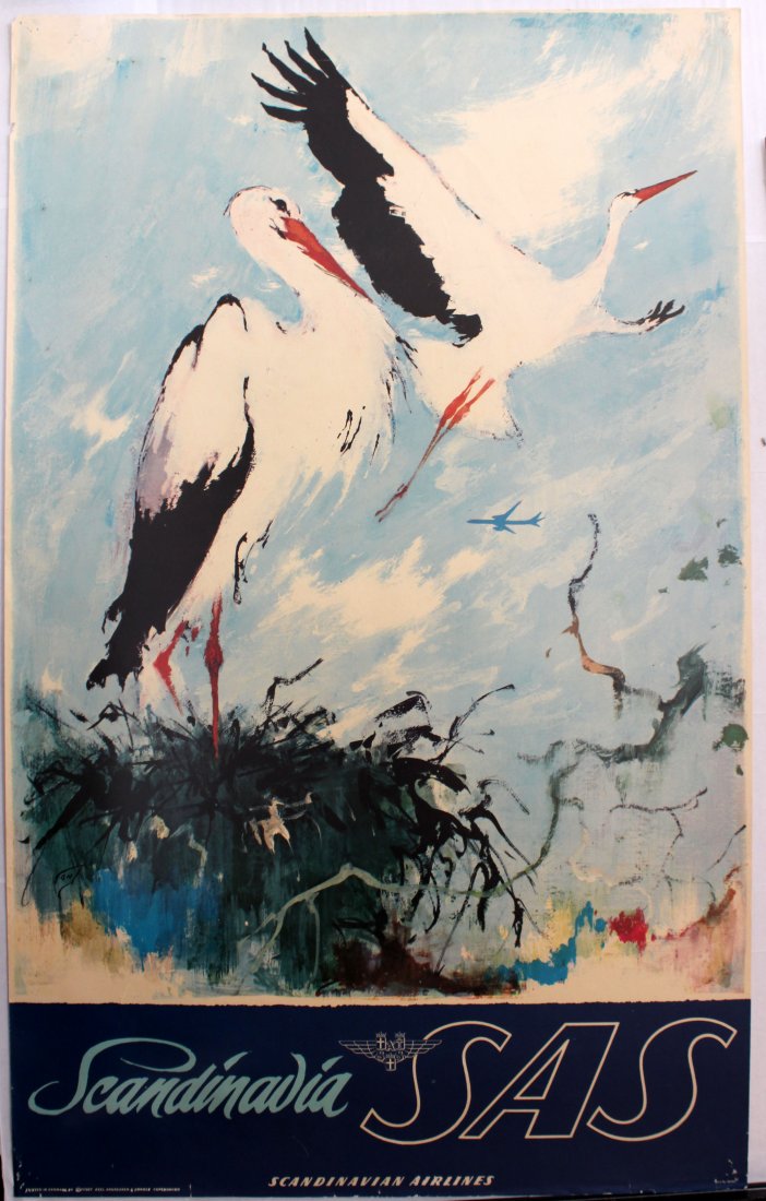 Scandinavia SAS Airline Nielsen Travel poster: Scandinavia SAS Airline Nielsen. Original vintage poster. Good condition, pin holes, tears, bumps on margins.. Denmark, 1960s, designed by Otto Nielsen, 1960s, 100x62cm.