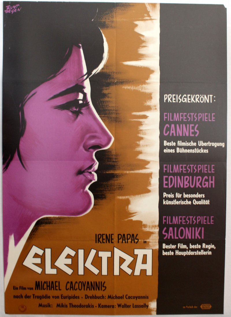 Elektra Kurt Degen Movie poster: Elektra Kurt Degen. The portrait of Irene Papas in the homonymous role of Elektra, cre ated by the painter Kurt Degen, takes up the greatest part of the poster. It’s a purple-black two-colored portr