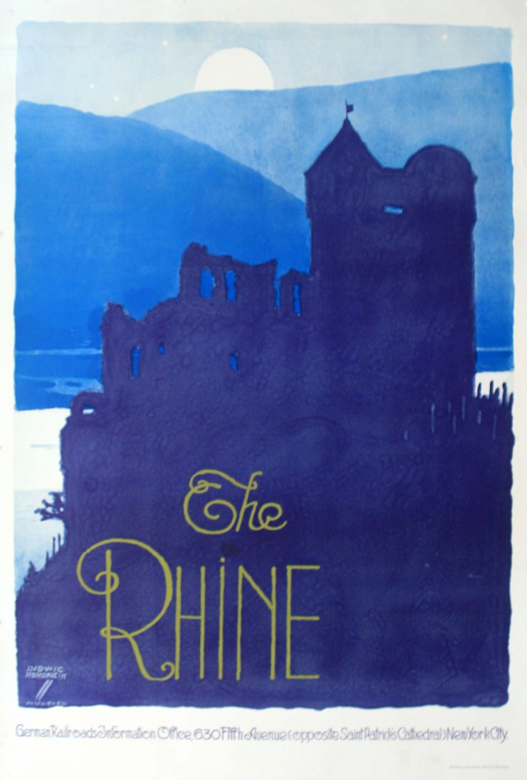 Rhine Germany Hohlwein Third Reich Travel poster: Rhine Germany Hohlwein Third Reich. Original vintage poster. The Rhine German Railroads Information Office, 630 Fifth Avenue (opposite Saint Patrick's Cathedral) New York City. Good condition, minor t