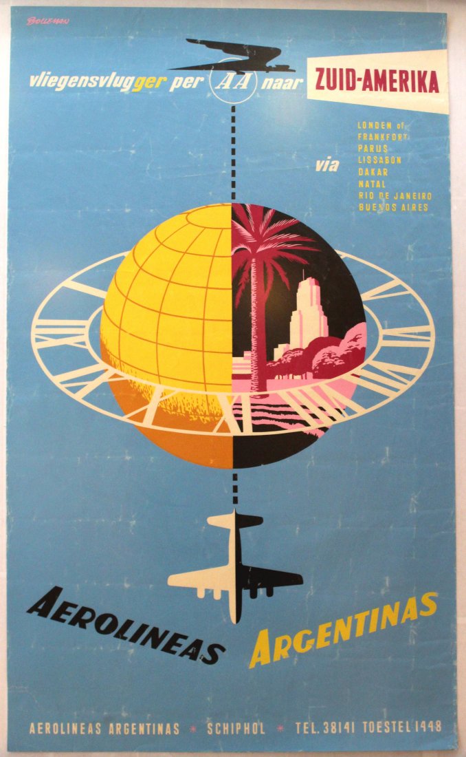 Aerolineas Argentinas Midcentury Modern Airline Travel: Aerolineas Argentinas Midcentury Modern Airline. Original vintage poster. Aerolineas Argentinas naar Zuid-Amerika Schiphol, South America - Rio, Buenos Aires. Fair condition, creases, folds, minor tea