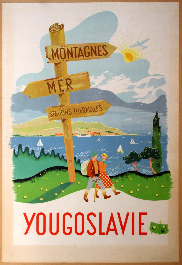 Yugoslavia Ljublana Travel poster: Yugoslavia Ljublana. Original vintage poster. Printed by Ljudska Pravica in Ljubliana. Fair condition, backed on board, staining, creases.. Yugoslavia, 1940s, designed by I. Vidiv, 1940s, 103x70.5cm.