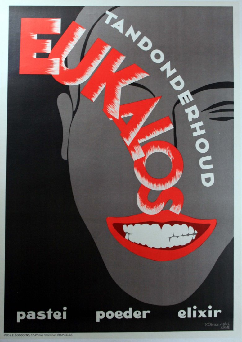 Art Deco Poster Eukalos: Art Deco Poster Eukalos Original vintage poster advertising dental care: Tandonderhoud Eukalos pastei poeder elixir. Great Art Deco image with a smile full of white teeth promoting this brand of tooth