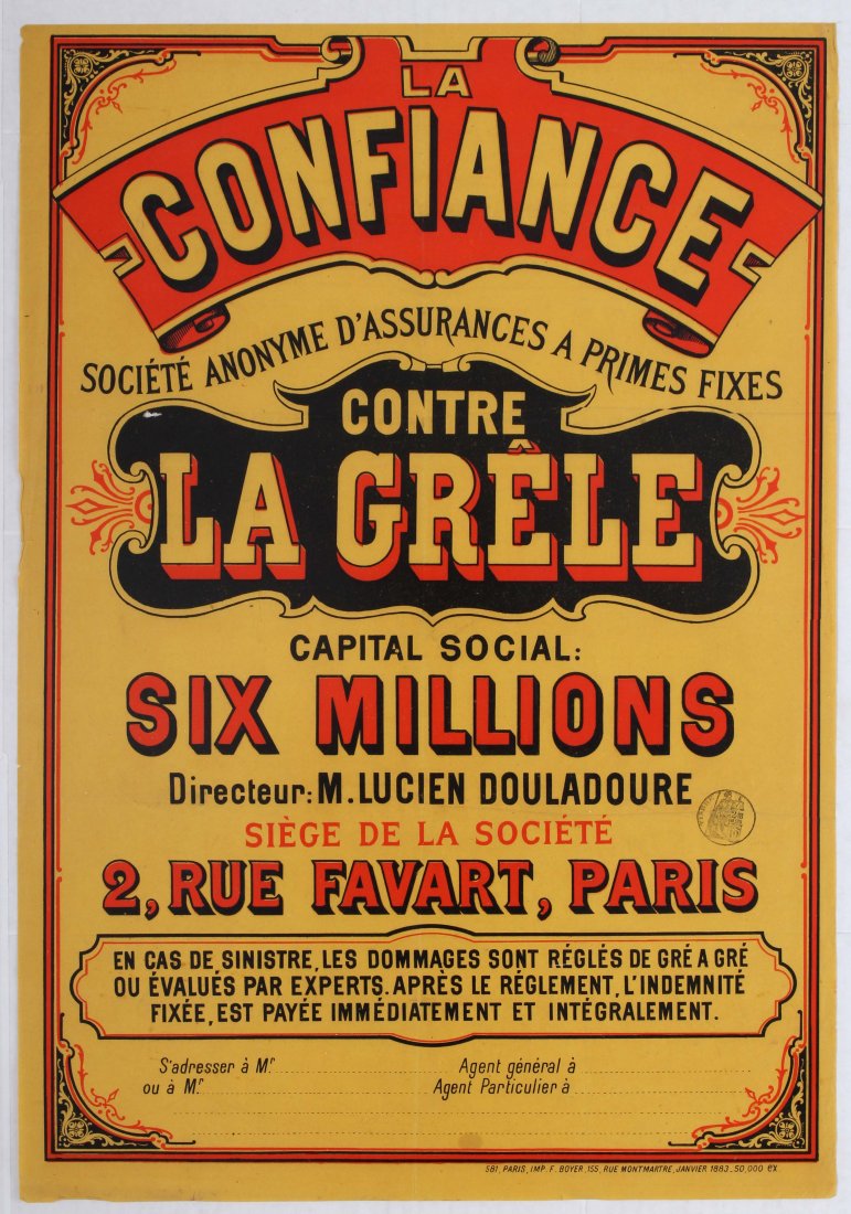 Advertising Poster for French Insurance: Advertising Poster for French Insurance Company - 1883. Country: France. Year: 1883. Size (cm): 58x40. Fair condition, folds and tears.