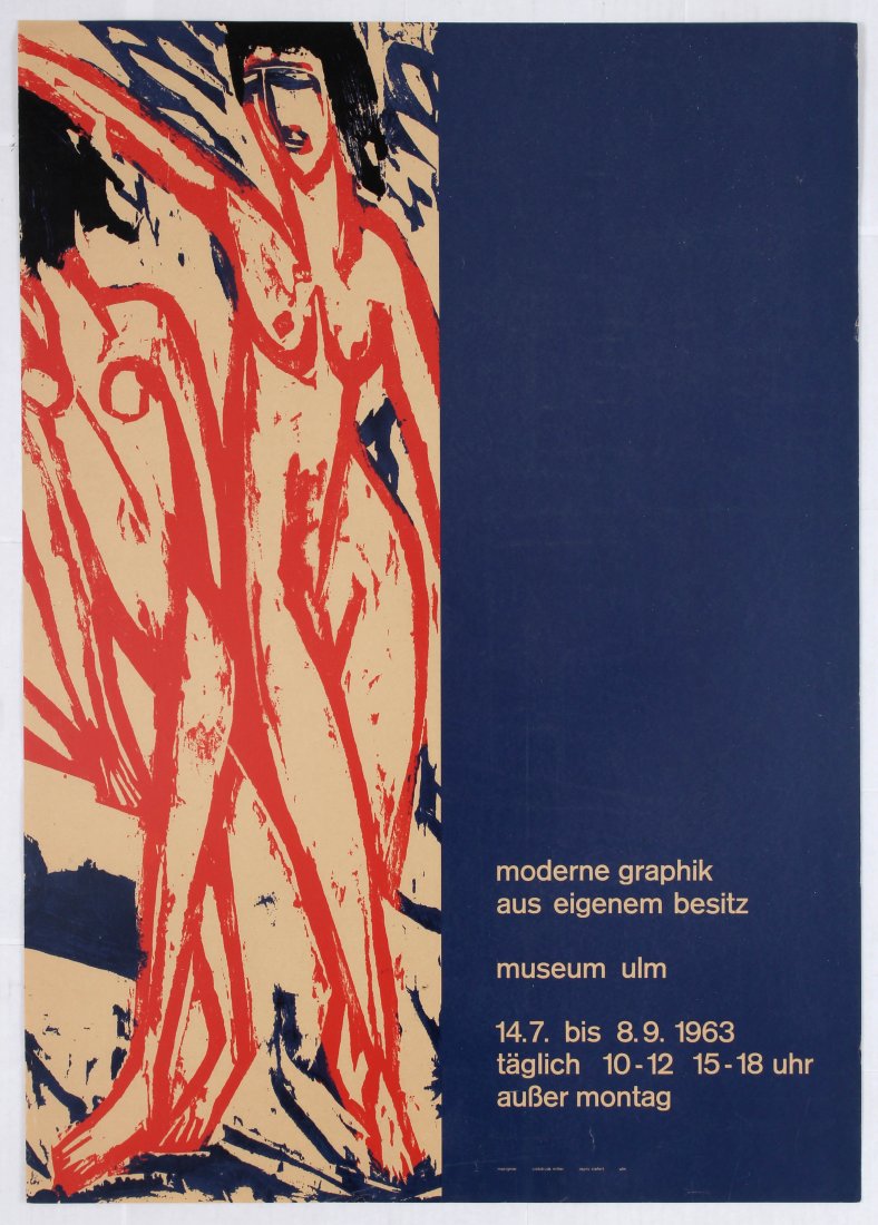 Advertising Poster Exhibition of modern graphics: Advertising Poster Exhibition of modern graphics from private owners at Ulm Museum - 1963. Country: Germany. Year: 1963. Artist: Amir Mavignier. Size (cm): 83.5x69.5. Very good condition, minor marks 