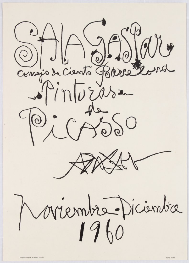 Exhibition Advertising Poster Picasso Sala Gaspar: Exhibition Advertising Poster â€“ Paintings by Picasso â€“ Sala Gaspar, Barcelona 1960. Country: Spain. Year: 1960. Artist: Pablo Picasso. Size (cm): 69.5x49.5. Very good condition, minor st