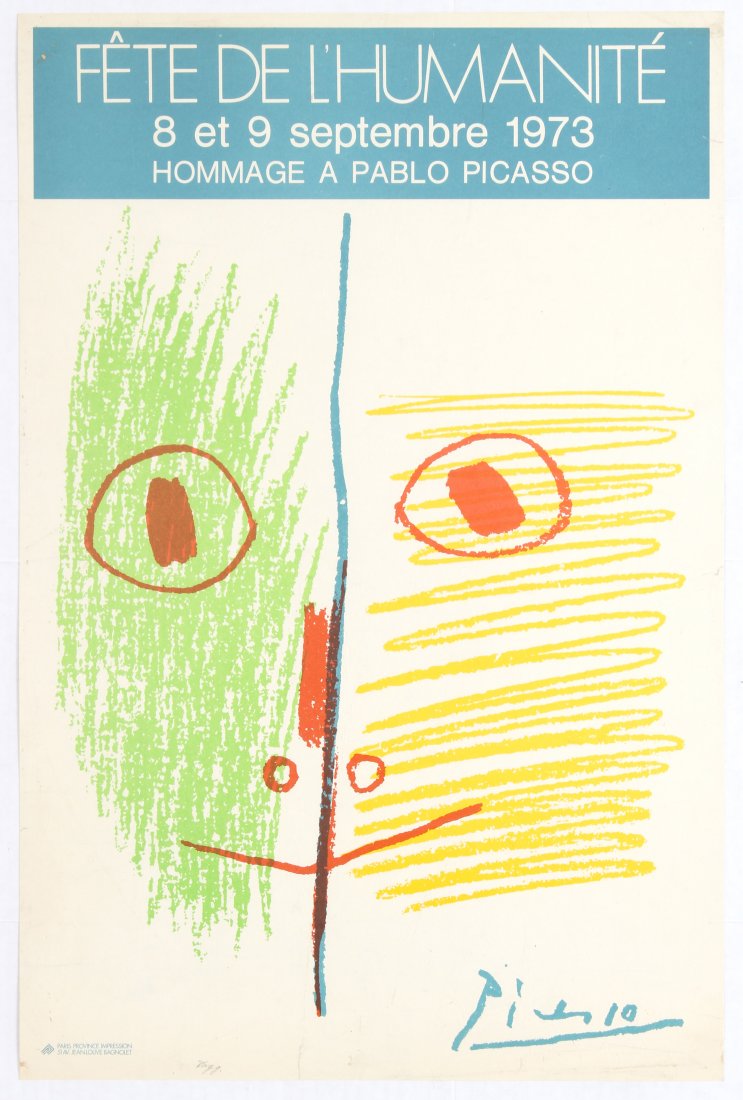 Advertising Poster Homage to Picasso: Advertising Poster Fete de lâ€™Humanite (Festival of Humanity) â€“ Homage to Picasso â€“ Paris 1973. Country: France. Year: 1973. Artist: Pablo Picasso. Size (cm): 59x39. Good condition