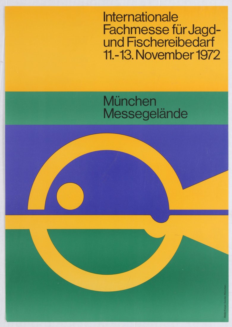 Advertising Poster Hunting and Fishing: Advertising Poster for International Trade show for Hunting and Fishing Supplies, Munich 1972. Country: Germany Year: 1972. Artist: Atelier Kaiser. Size (cm): 59.5x42. Excellent condition.