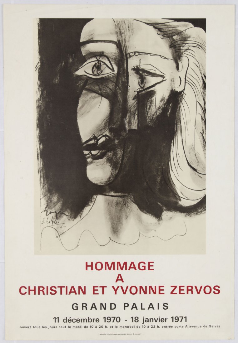 Exhibition Advertising Poster Homage Zervos Picasso: Exhibition Advertising Poster - Homage to Christian and Yvonne Zervos by Picassoâ€“ Grand Palais, Paris, 1970-71. Country: France. Year: 1970. Artist: Pablo Picasso. Size (cm): 73x50. Good condit