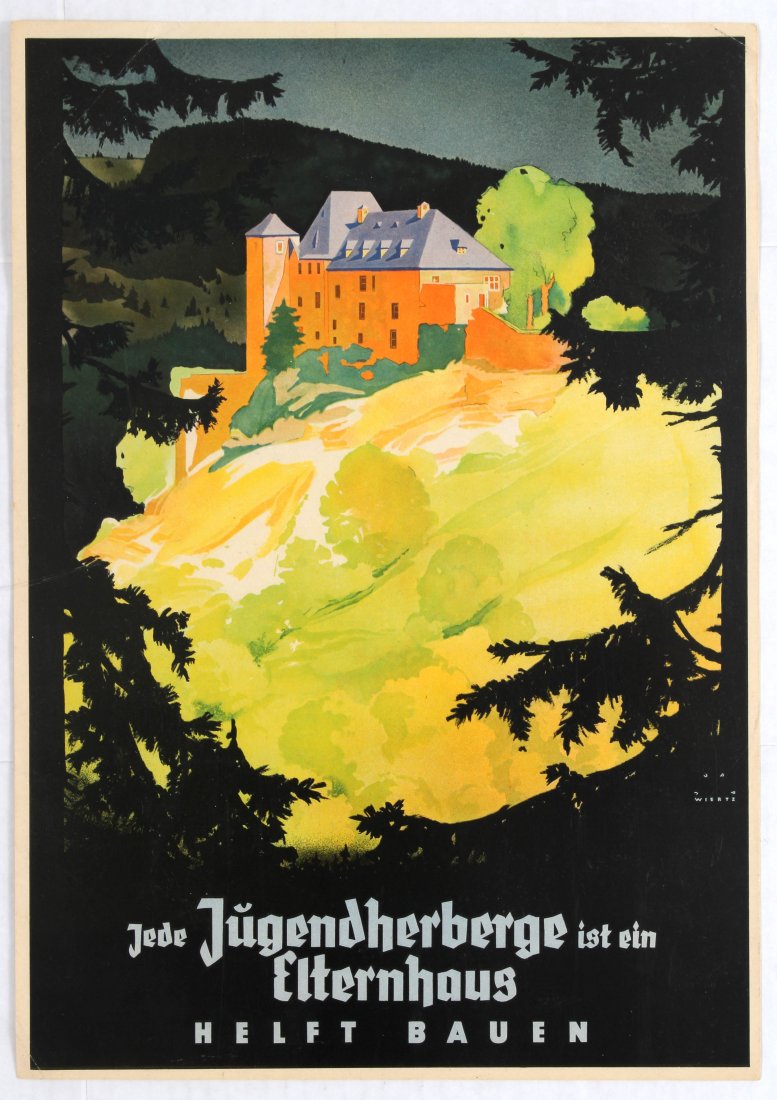 Propaganda poster Nazi Germany Each Youth Hostel: Propaganda poster Nazi Germany Each Youth Hostel is a Parent House â€“ Help Build. Jede Jugendherbergen ist ein Elternhaus. Helft Bauen. Country: Germany. Year: 1938. Artist: Jupp Wiertz. Size (c