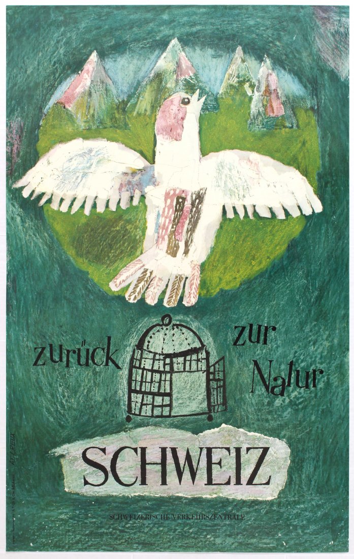 Travel Poster Switzerland Bird: Switzerland Back to Nature. Country: Switzerland. Year: 1962. Artist: Creux Rene Atelier. Size (cm): 102x64. Very good condition, fold marks in bottom margins.