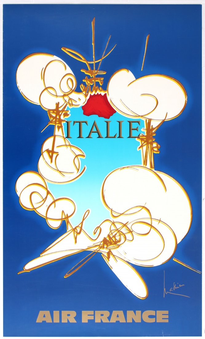 Travel Poster Air France Italy: Air France Airline Poster. Country: France. Year: 1968. Artist: Georges Mathieu. Size (cm): 100x60. Very good condition, scratch mark in bottom margin and faint creases in left margin.