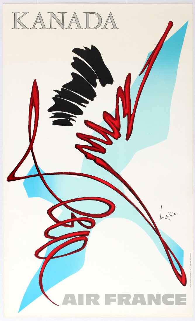 Travel Poster Air France Canada: Air France Airline Poster. Country: France. Year: 1968. Artist: Georges Mathieu. Size (cm): 100x60.5. Very good condition, faint creases in bottom left margin.