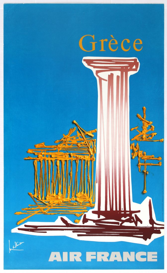 Travel Poster Air France Greece: Air France Airline Poster. Country: France. Year: 1968. Artist: Georges Mathieu. Size (cm): 100x60. Excellent condition, faint creases in left and top margins.