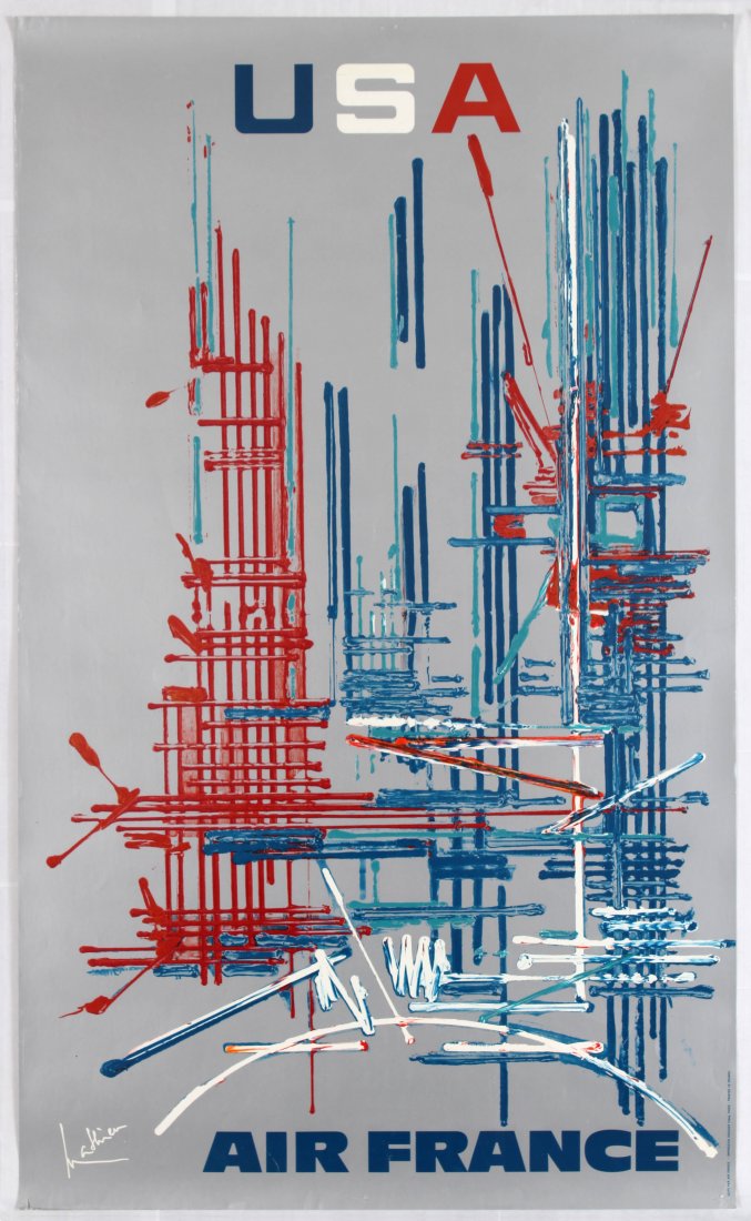 Travel Poster Air France USA: Air France Airline Poster. Country: France. Year: 1968. Artist: Georges Mathieu. Size (cm): 100x60. Good condition, staple holes, light creases in left margin and minor tear in bottom margin.