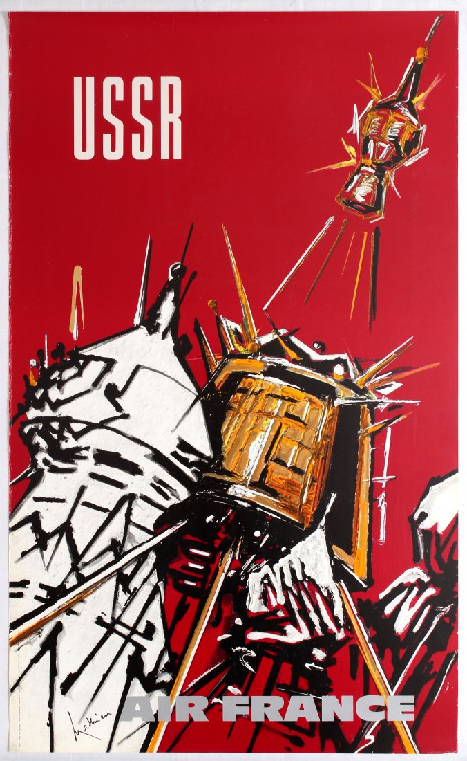 Travel Poster Air France USSR: Air France Airline Poster. Country: France. Year: 1968. Artist: Georges Mathieu. Size (cm): 100x60. Very good condition, creases in left margin and bottom right corner.