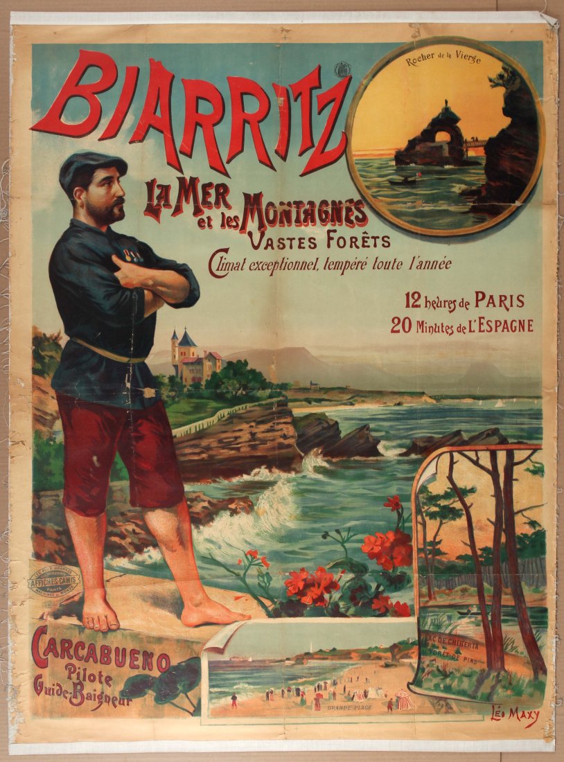 Travel Poster Biarritz Sea Mountains Leo Maxy: Biarritz. La mer et les montagnes. Country: France. Year: 1900s. Artist: Leo Maxy. Size (cm):129x98. Fair condition, damaged folds, paper losses, creases, tears in margins, backed on linen.