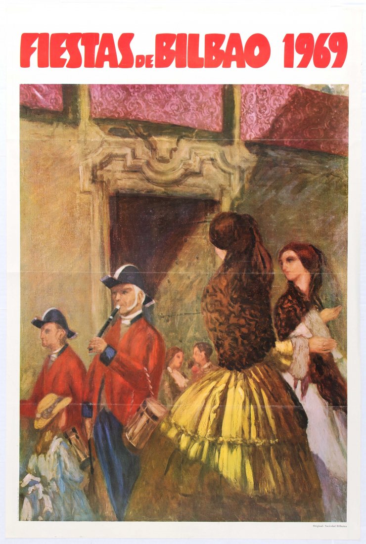 Travel Poster Fiestas Bilbao 1969: Fiestas de Bilbao - 1969 Country: Spain. Year: 1969. Artist: Unknown. Size (cm): 99.5x66.5. Very good condition, folds, faint creases and defects in margins.