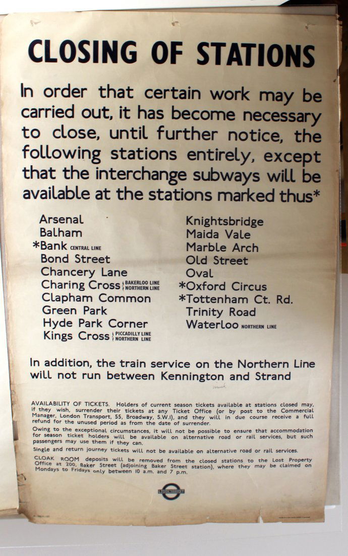 Original London Underground Poster Station Closure 1939 (1 of 1)