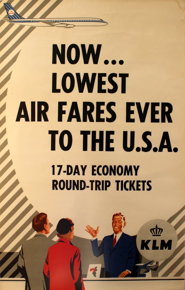 Travel Poster KLM USA Lowest Fares: Original vintage travel advertising poster for KLM Royal Dutch Airlines. "Now ... lowest airfares ever to the USA. 17 day economy round trip tickets." Image of a smiling KLM travel agent standing behi