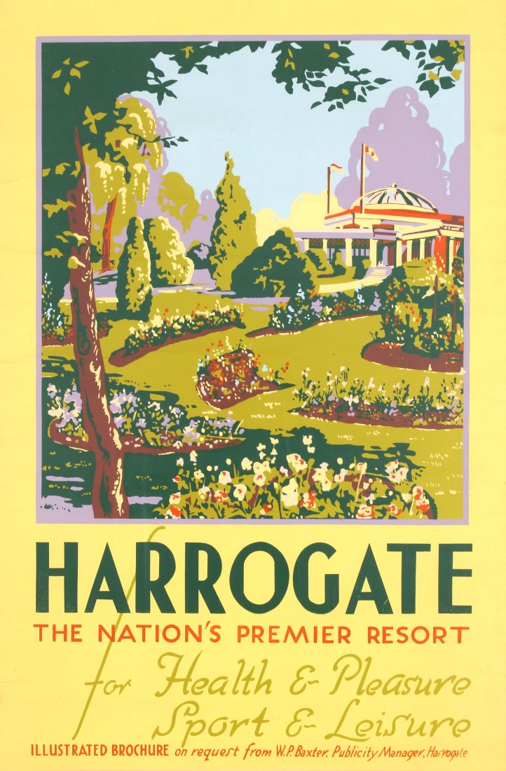 Travel Poster Harrogate Premier Resort 1930s: Original vintage travel advertising poster for Harrogate – The Nation's Premier Resort for Health & Pleasure, Sport & Leisure. Stylised colourful illustration featuring gardens, trees and flower bed