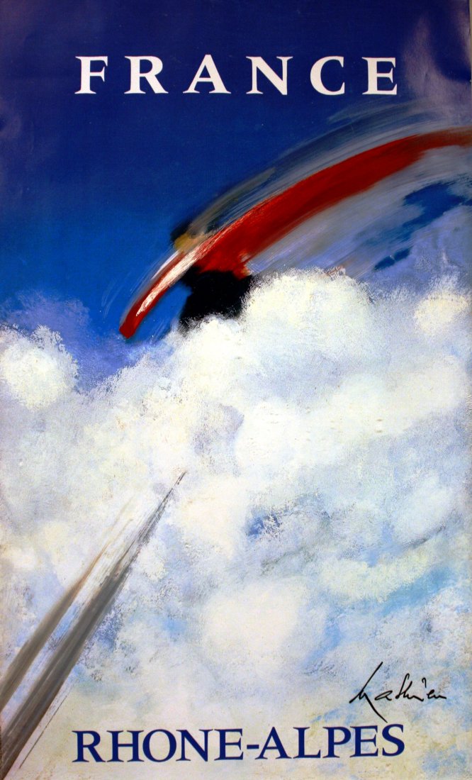 Ski Poster Rhone Alpes Skier France: Original vintage poster for the Rhone Alps, France. Great design by Georges Mathieu (1921-2012), famous for his Air France posters, featuring an abstract image of a skier tearing through the snow. Exc
