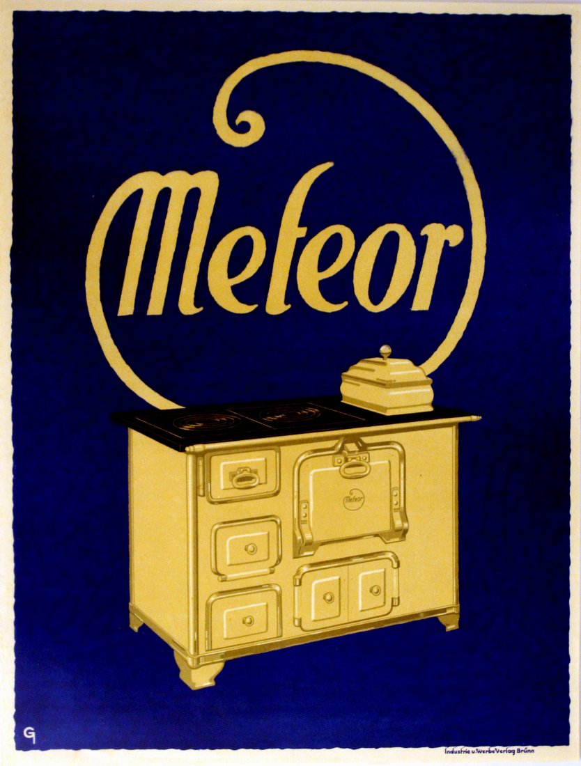 Advertising Poster Meteor Aga Stove: Original vintage advertising poster for Meteor aga style stove featuring an image of the oven on a blue background. Signed with the initial G in image. Excellent condition. 1920s, design by , Germany,