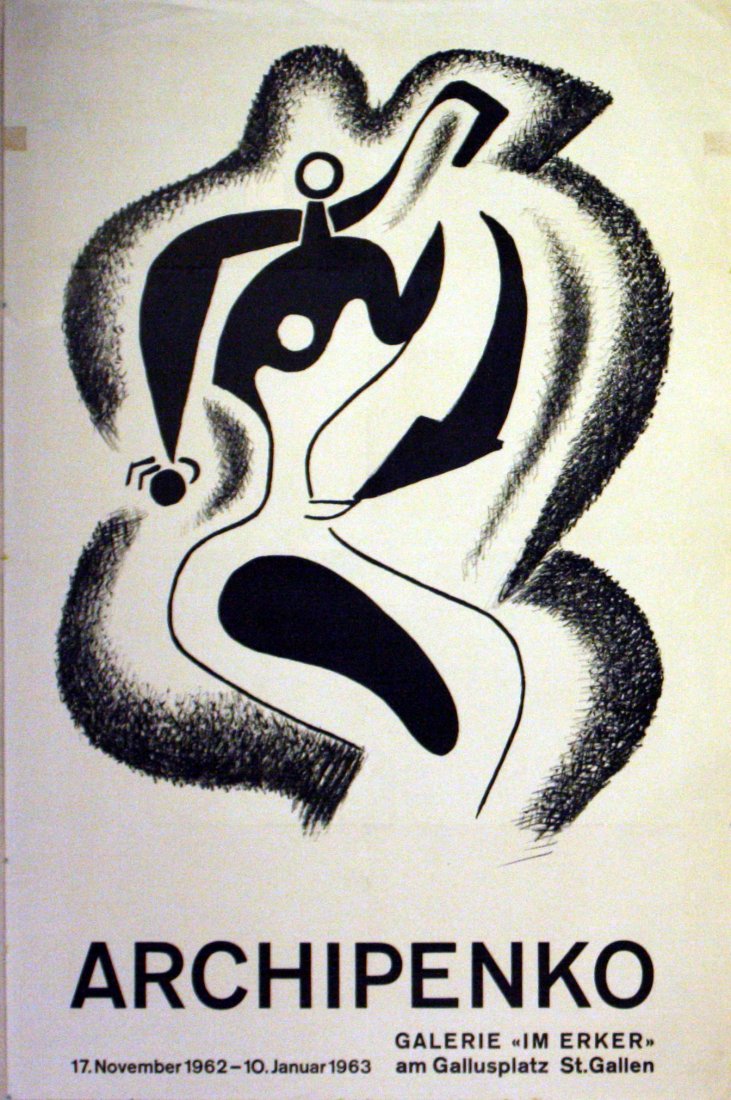 Advertising Poster Archipenko Exhibition Avant Garde: Original vintage advertising poster: Archipenko Exhibition, Galerie Im Erker, 17 November - 10 January 1963, St Gallen. Alexander Archipenko (1887-1964) was a renowned innovative Avant-Garde artist an