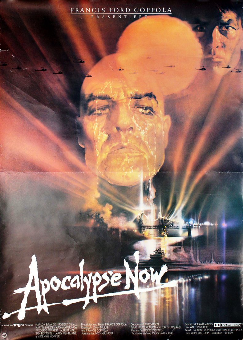Cinema Poster Apocalypse Now German Coppola: Original vintage film poster for the Francis Ford Coppola movie set during the Vietnam War, Apocalypse Now, starring Martin Sheen, Marlon Brando and Robert Duvall. Classic image by the American illust