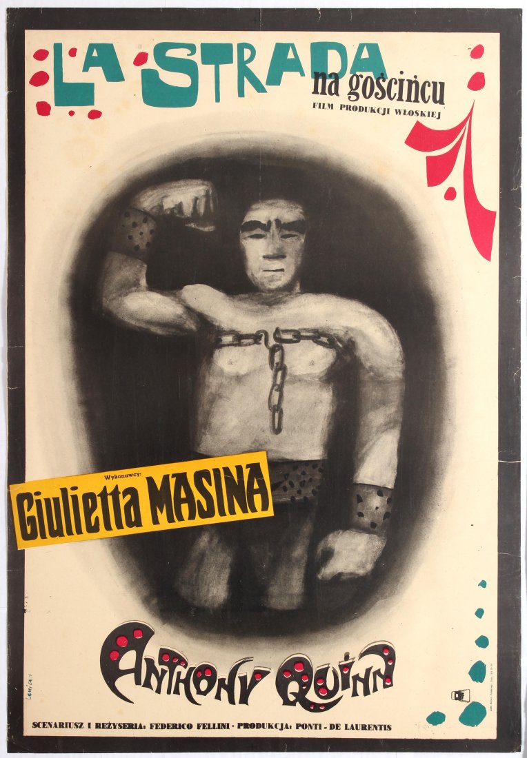Polish Movie Poster Italian film La Strada Frederico: Polish Movie Poster for the Italian film La Strada. Directed by Frederico Fellini. Starring Giulietta Masina, Anthony Quinn. Country: Poland. Year: 1956. Artist: Lenica. Size (cm):86x59.5. Fair condit