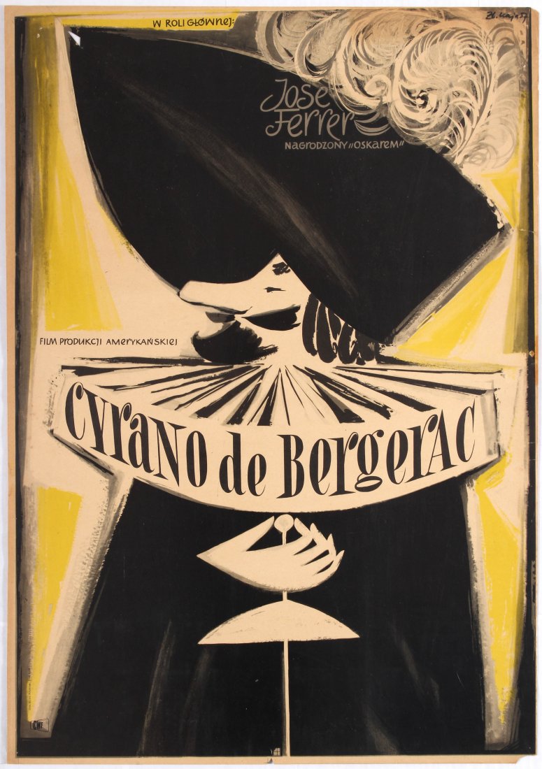 Polish Movie Poster American film Cyrano de Bergerac: Polish Movie Poster for the American film Cyrano de Bergerac. Directed by Michael Gordon. Starring Jose Ferrer, Mala Powers, William Prince. Country: Poland. Year: 1957. Artist: Zc. Kaya. Size (cm): 8