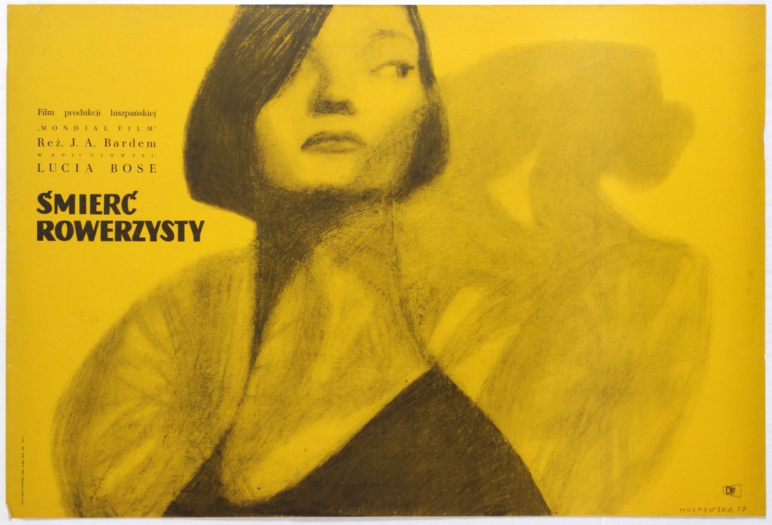 Polish Movie Poster Spanish film Death of Cyclist: Polish Movie Poster for the Spanish film Death of Cyclist (Smierc Rowerzysty). Directed by J. A. Bardem. Starring Alberto Closas, Lucia Bose . Country: Poland. Year: 1957. Artist: Huskowska. Size (cm)