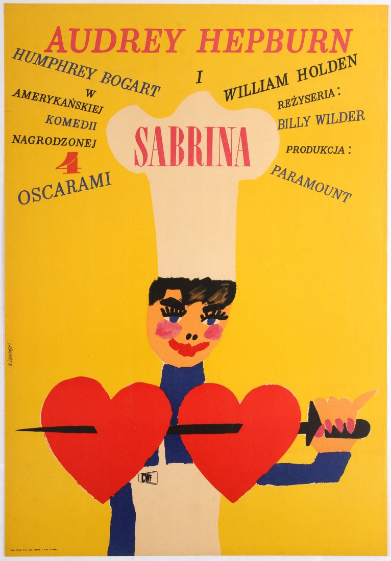 Polish Movie Poster American comedy film Sabrina Audrey: Polish Movie Poster for the American comedy film Sabrina - Directed by Billy Wilder. Starring Audrey Hepburn, Humphrey Bogart, William Holden. Country: Poland. Year: 1967. Artist: M. Zbikowski. Size (